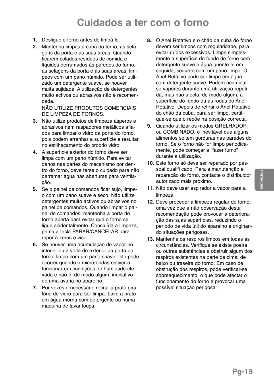 Cuidados a ter com o forno, Pg-19 | Panasonic NNGD369MEPG User Manual | Page 161 / 303