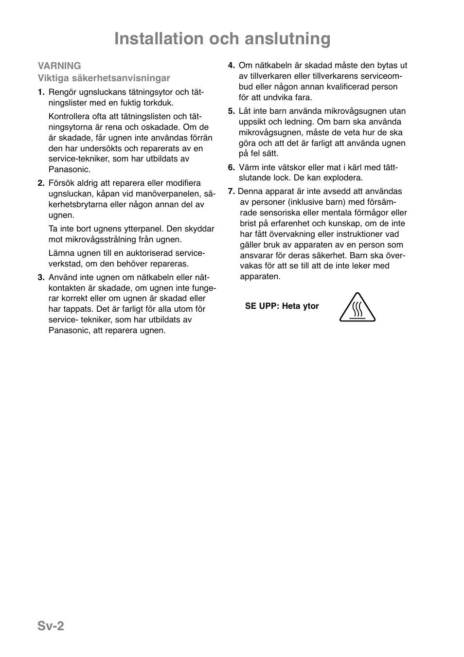Installation och anslutning, Sv-2 | Panasonic NNGD369MEPG User Manual | Page 164 / 303