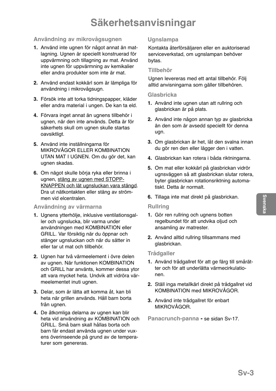 Säkerhetsanvisningar, Sv-3 | Panasonic NNGD369MEPG User Manual | Page 165 / 303