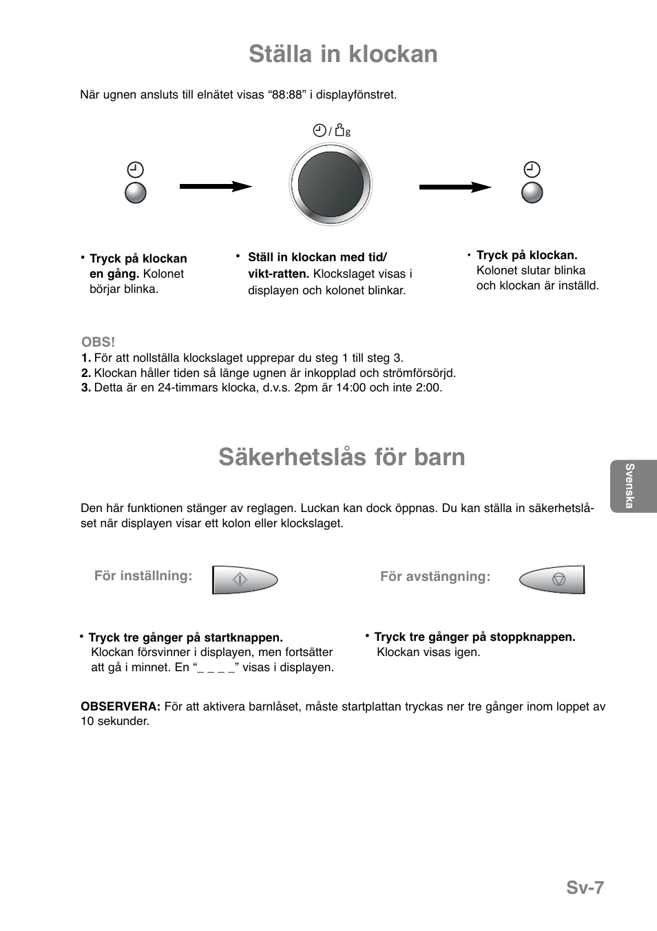 Ställa in klockan, Säkerhetslås för barn, Sv-7 | Panasonic NNGD369MEPG User Manual | Page 169 / 303