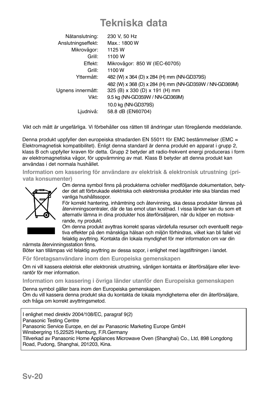 Tekniska data, Sv-20 | Panasonic NNGD369MEPG User Manual | Page 182 / 303