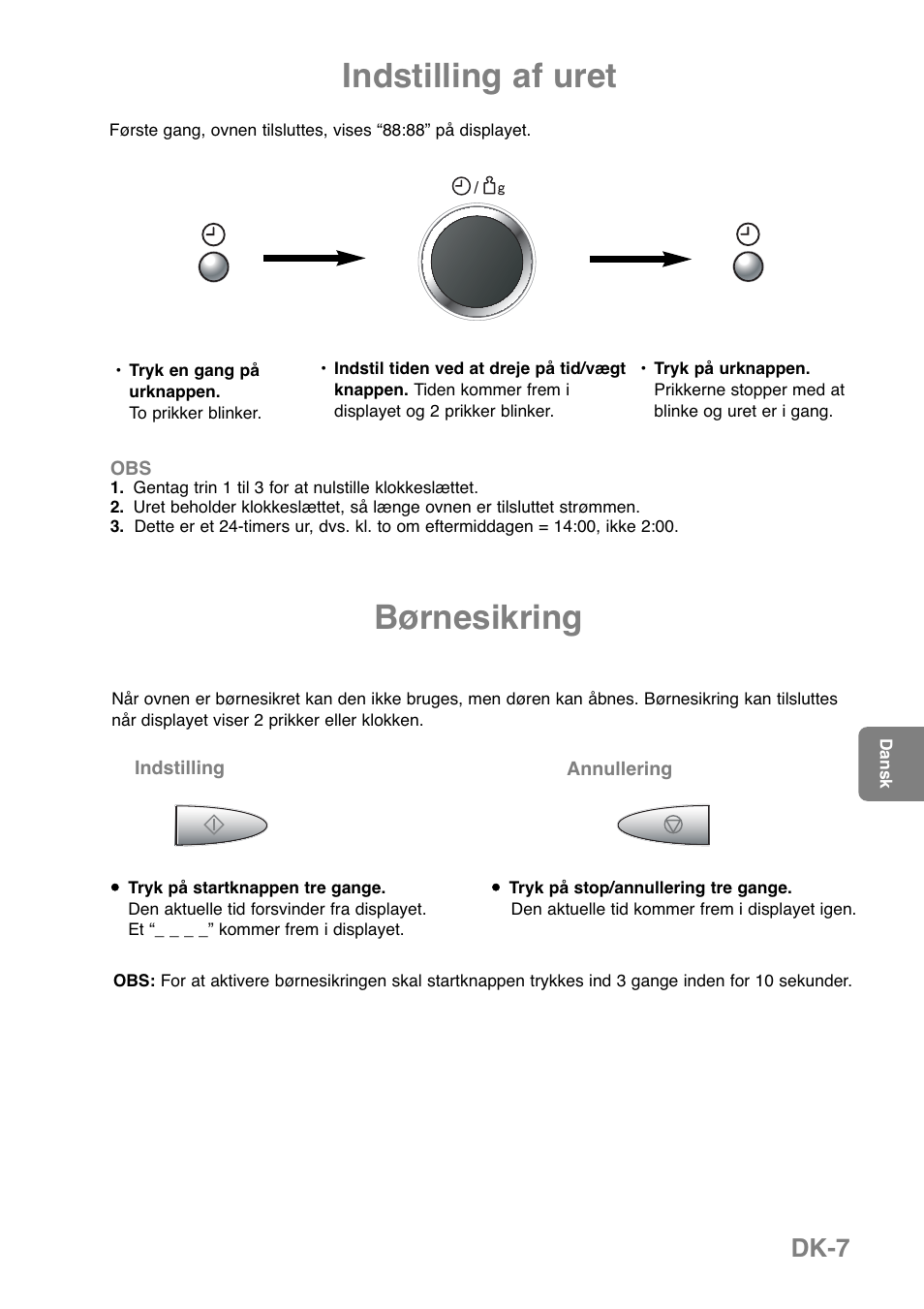 Indstilling af uret, Børnesikring, Dk-7 | Panasonic NNGD369MEPG User Manual | Page 189 / 303