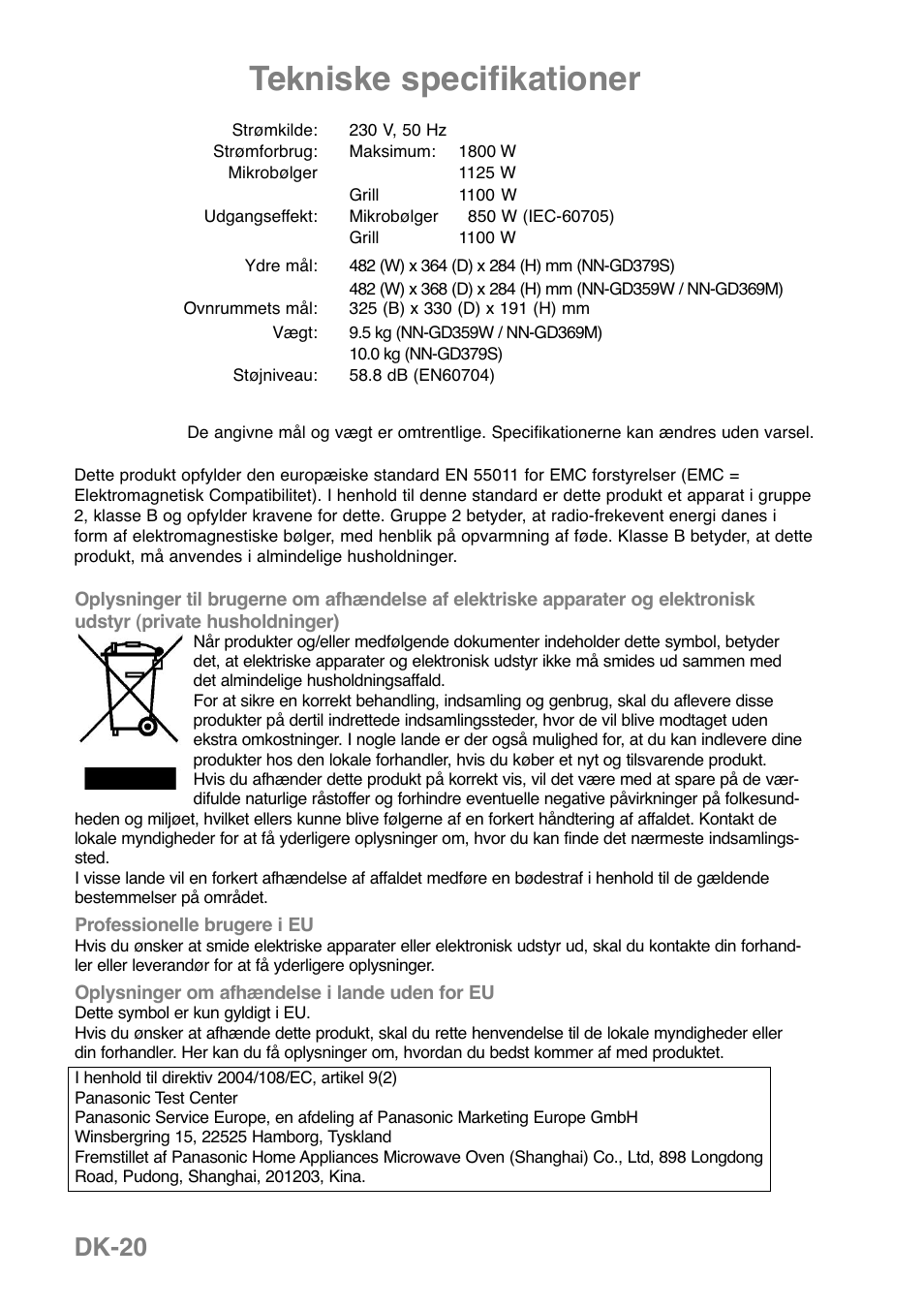 Tekniske specifikationer, Dk-20 | Panasonic NNGD369MEPG User Manual | Page 202 / 303