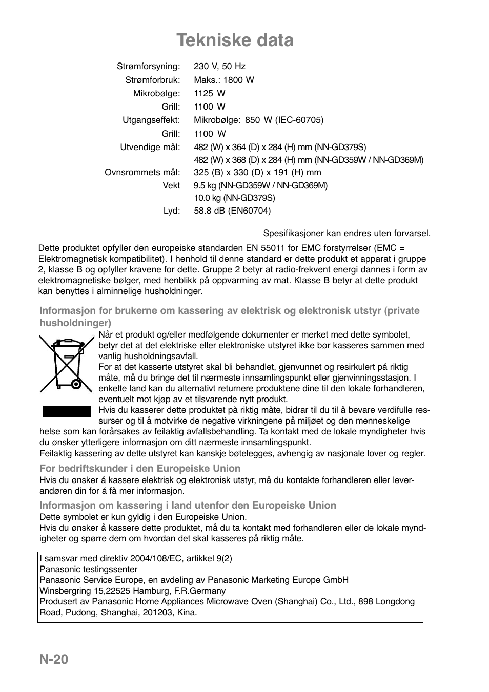 Tekniske data, N-20 | Panasonic NNGD369MEPG User Manual | Page 222 / 303