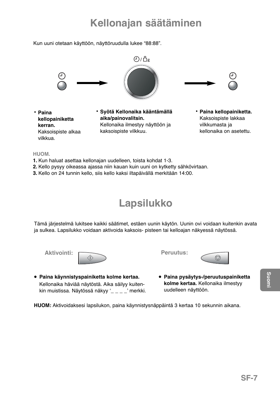 Kellonajan säätäminen, Lapsilukko, Sf-7 | Panasonic NNGD369MEPG User Manual | Page 229 / 303