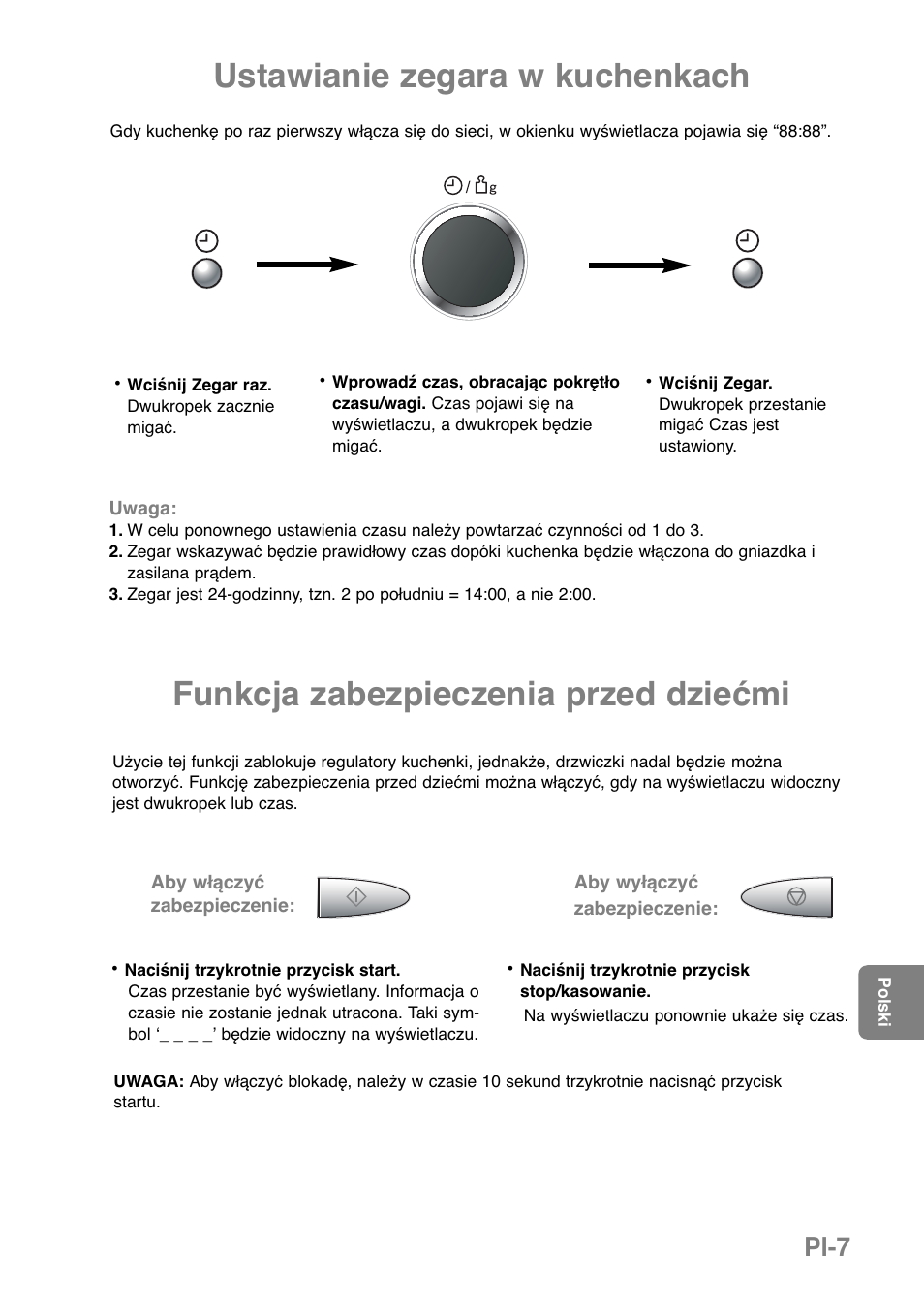 Ustawianie zegara w kuchenkach, Funkcja zabezpieczenia przed dziećmi, Pl-7 | Panasonic NNGD369MEPG User Manual | Page 249 / 303