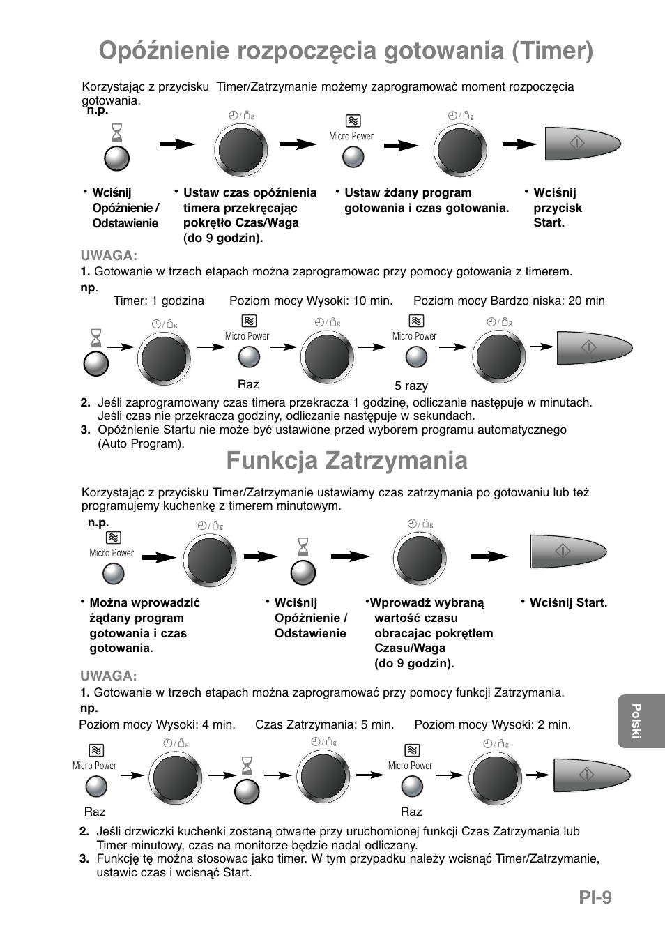 Opóźnienie rozpoczęcia gotowania (timer), Funkcja zatrzymania, Pl-9 | Panasonic NNGD369MEPG User Manual | Page 251 / 303