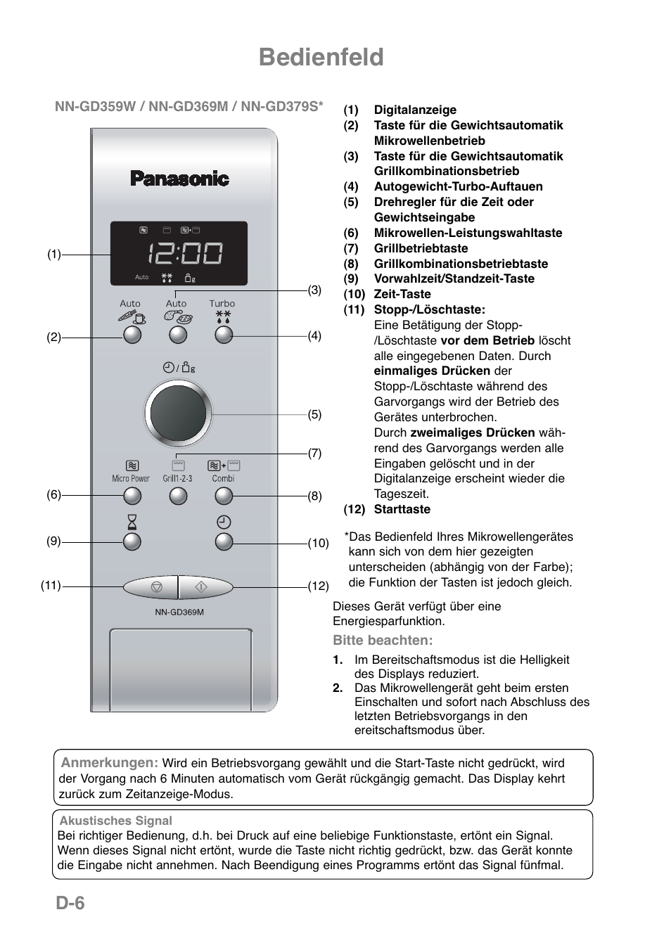 Bedienfeld | Panasonic NNGD369MEPG User Manual | Page 28 / 303