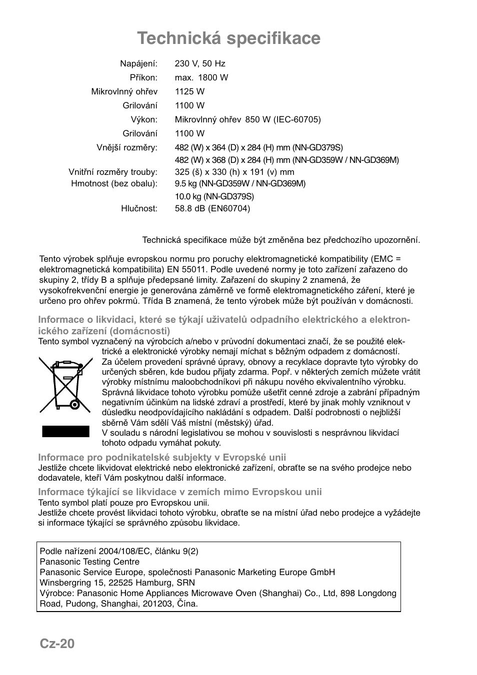 Technická specifikace, Cz-20 | Panasonic NNGD369MEPG User Manual | Page 282 / 303