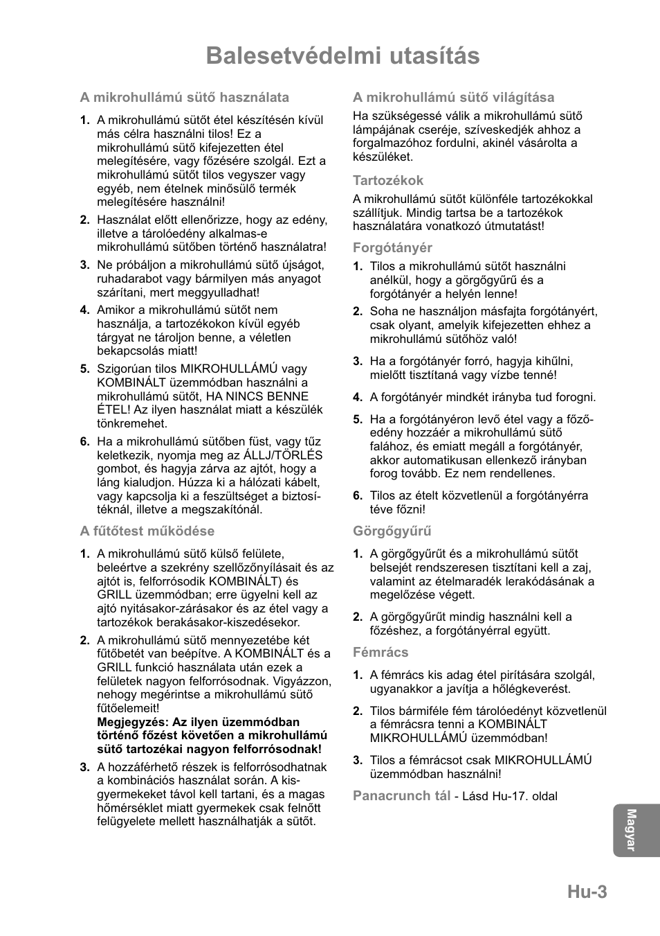 Balesetvédelmi utasítás, Hu-3 | Panasonic NNGD369MEPG User Manual | Page 285 / 303