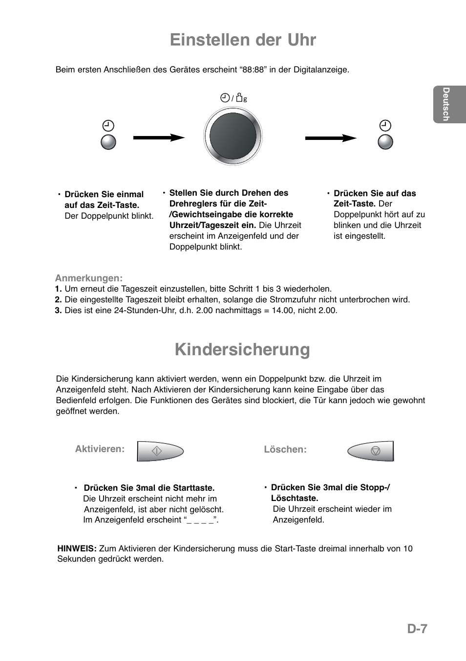 Einstellen der uhr, Kindersicherung | Panasonic NNGD369MEPG User Manual | Page 29 / 303