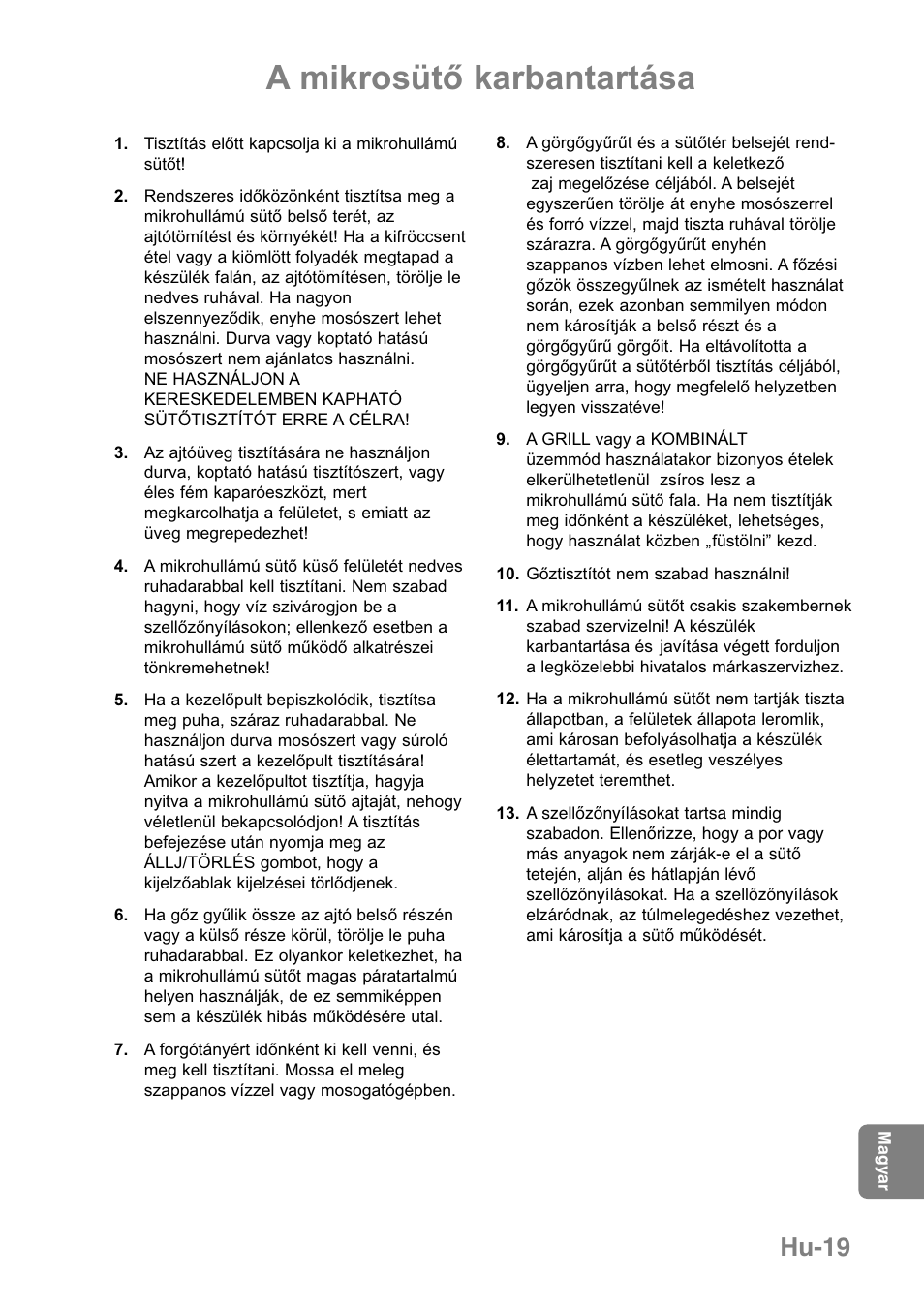 A mikrosütő karbantartása, Hu-19 | Panasonic NNGD369MEPG User Manual | Page 301 / 303