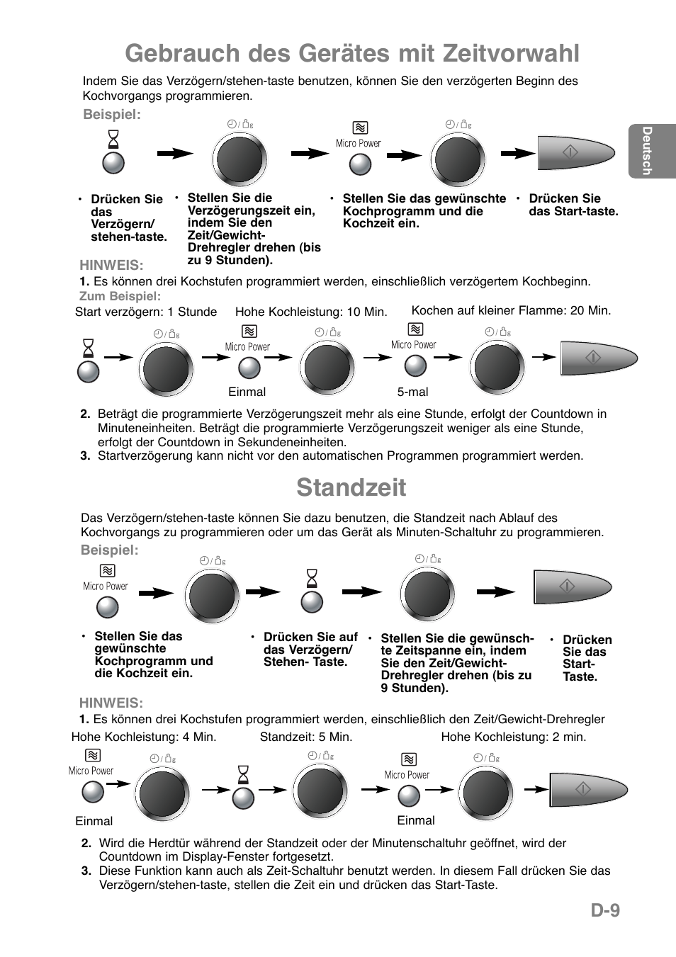 Gebrauch des gerätes mit zeitvorwahl, Standzeit | Panasonic NNGD369MEPG User Manual | Page 31 / 303