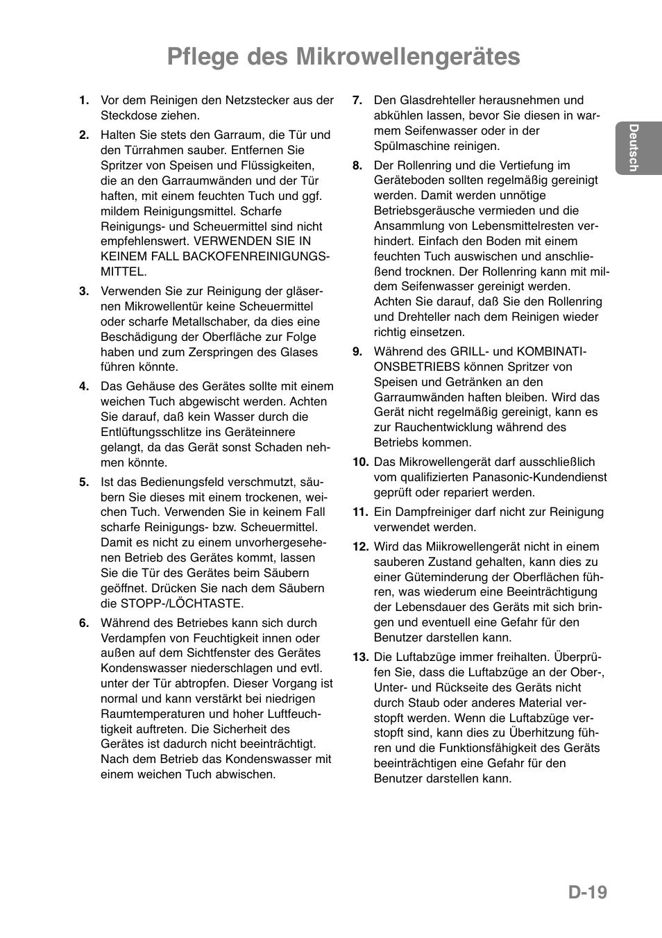 Pflege des mikrowellengerätes, D-19 | Panasonic NNGD369MEPG User Manual | Page 41 / 303