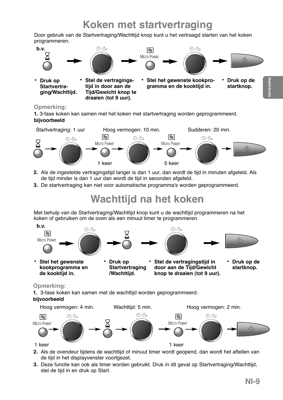 Koken met startvertraging, Wachttijd na het koken, Ni-9 | Panasonic NNGD369MEPG User Manual | Page 71 / 303