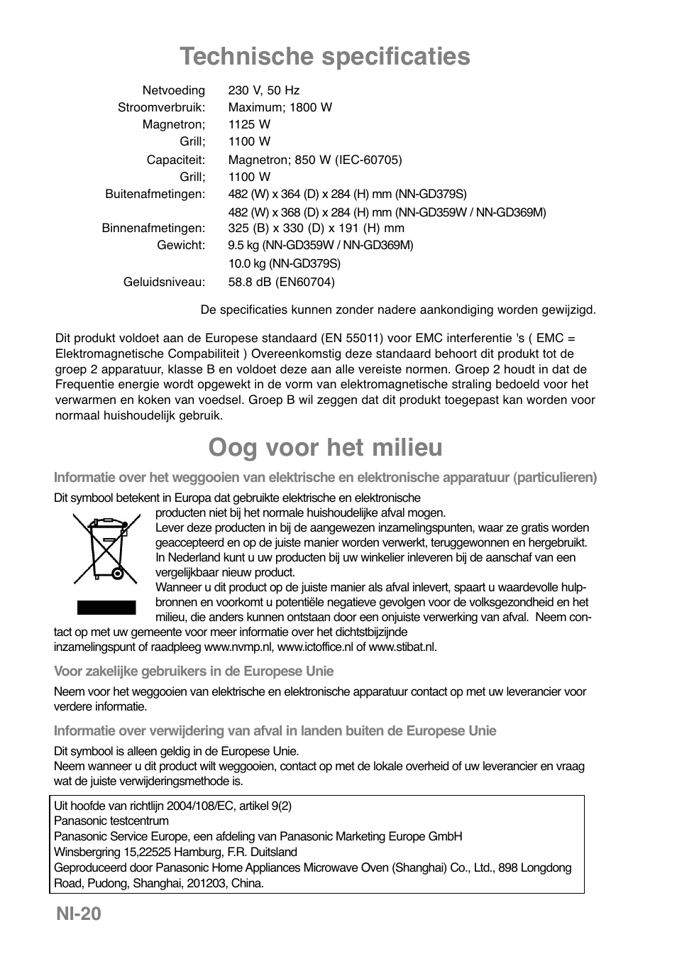 Technische specificaties, Oog voor het milieu, Ni-20 | Panasonic NNGD369MEPG User Manual | Page 82 / 303