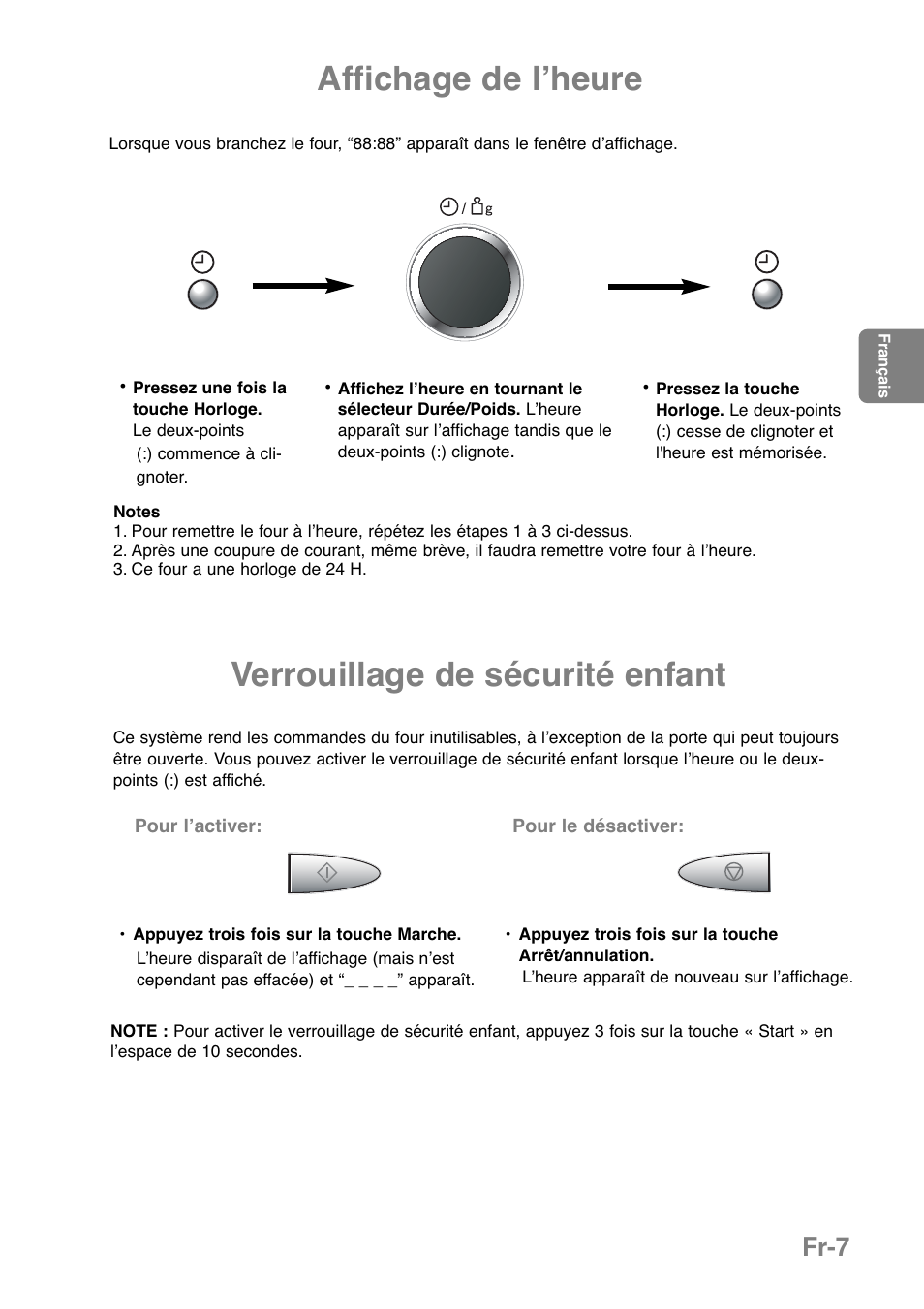 Affichage de lʼheure, Verrouillage de sécurité enfant, Fr-7 | Panasonic NNGD369MEPG User Manual | Page 89 / 303