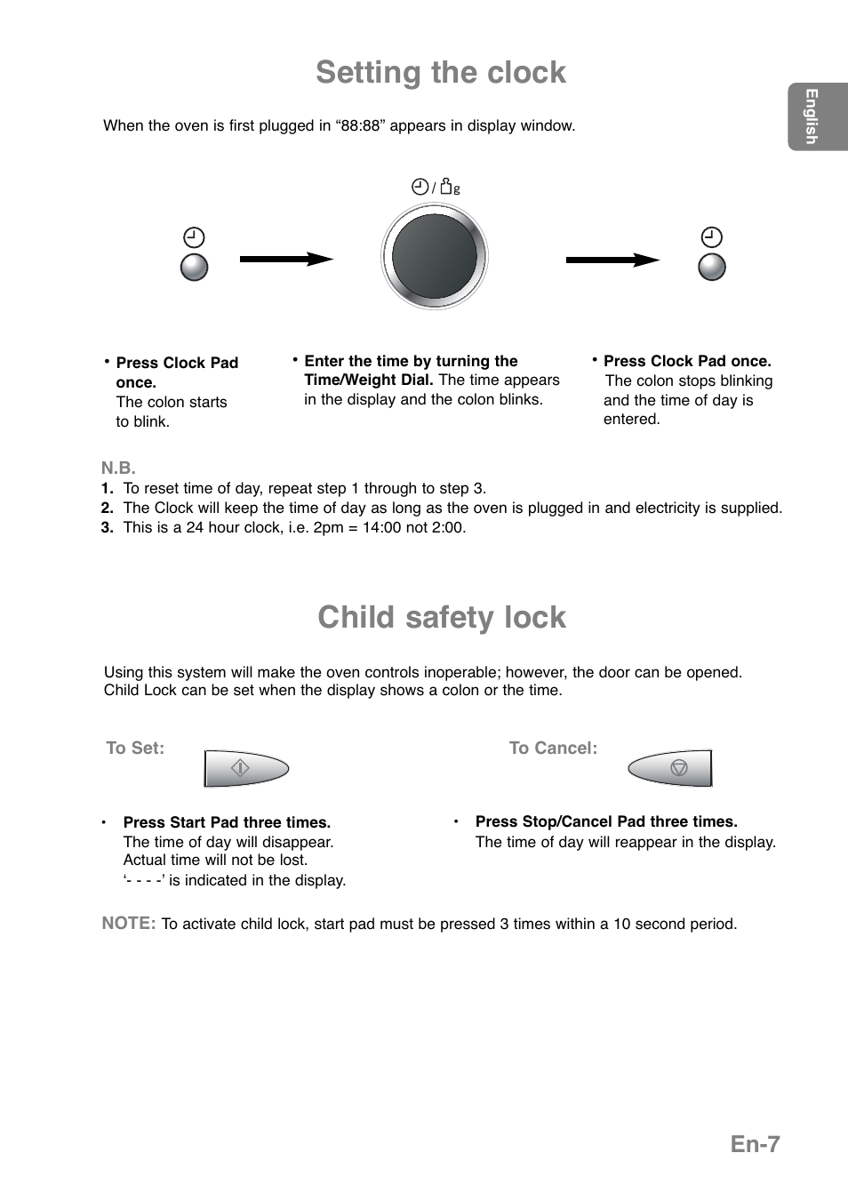 Setting the clock, Child safety lock, En-7 | Panasonic NNGD369MEPG User Manual | Page 9 / 303