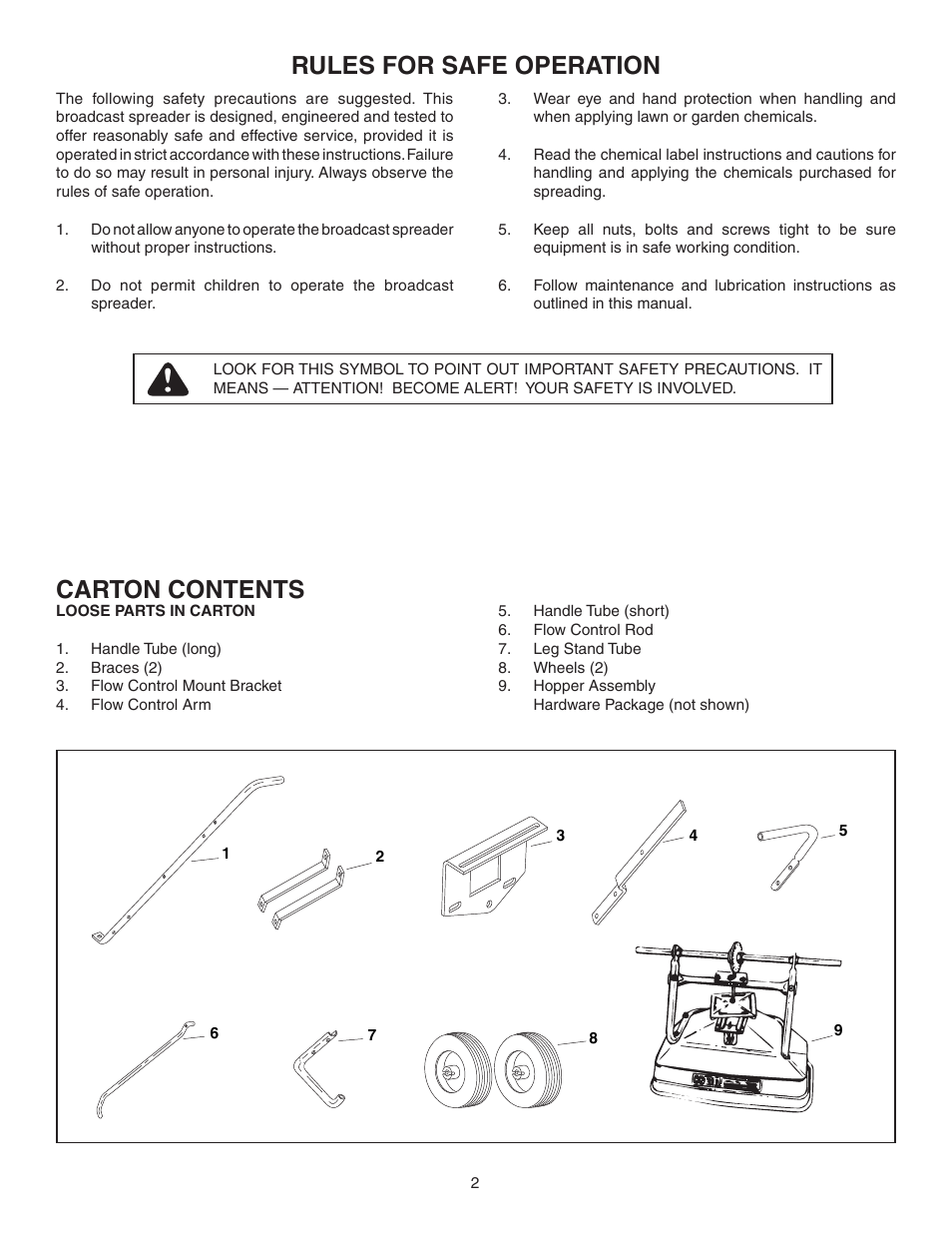 Rules for safe operation, Carton contents | Agri-Fab 45-02104 User Manual | Page 2 / 12