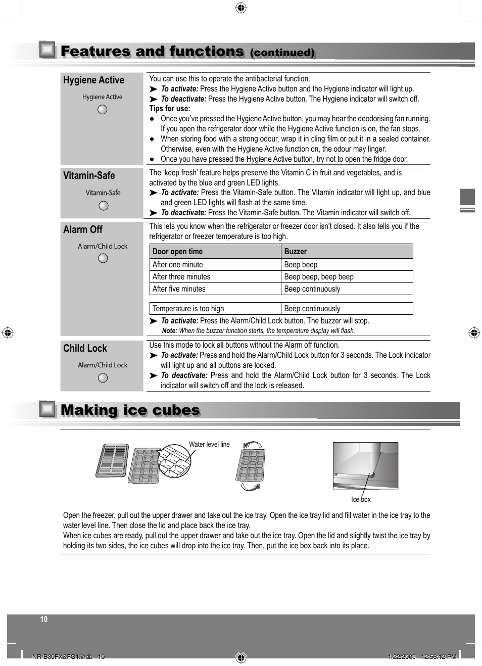 Making ice cubes, Features and functions | Panasonic NRB30FG1 User Manual | Page 10 / 156