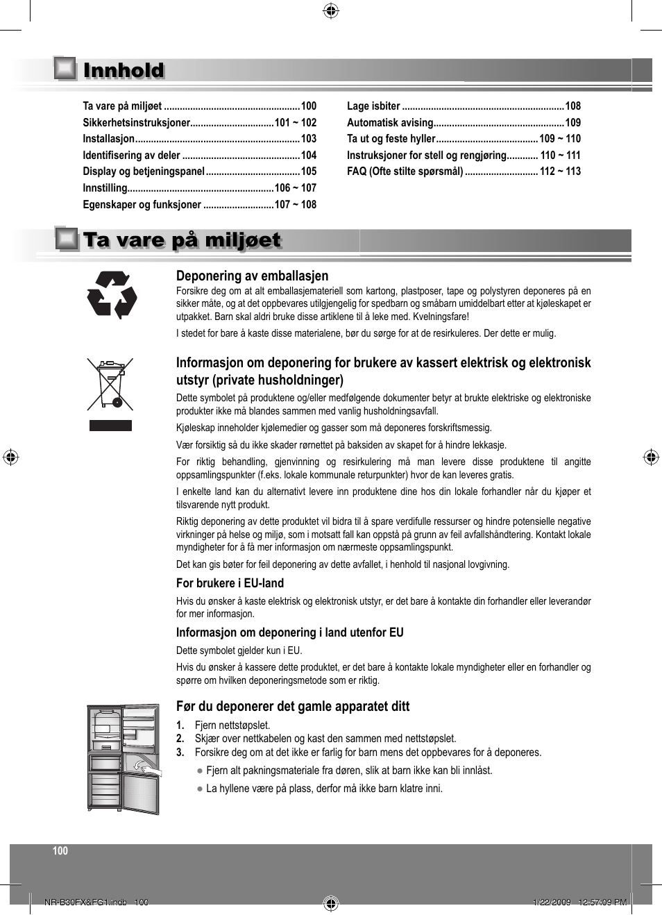 Innhold, Ta vare på miljøet | Panasonic NRB30FG1 User Manual | Page 100 / 156