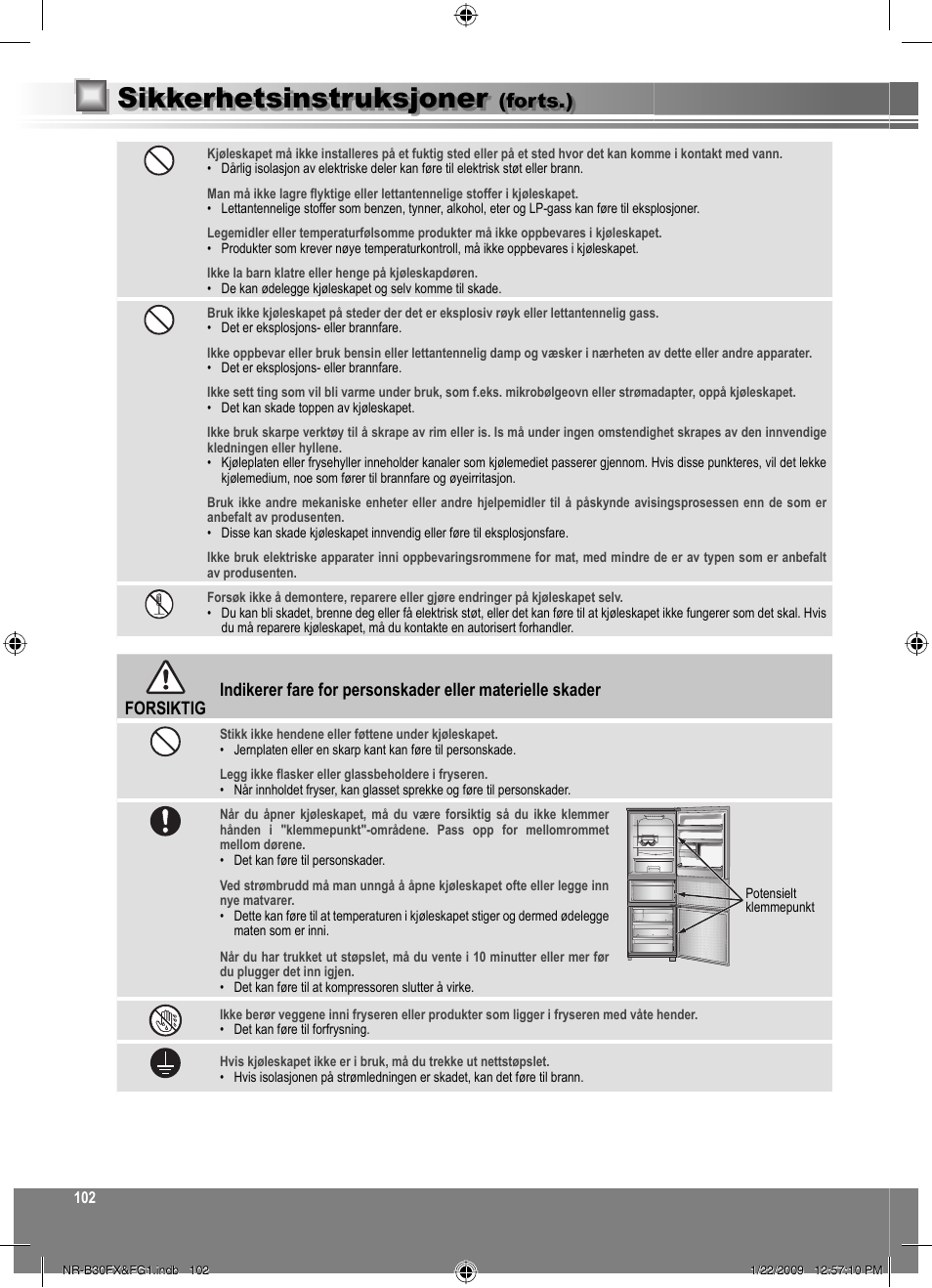 Sikkerhetsinstruksjoner, Forts.) | Panasonic NRB30FG1 User Manual | Page 102 / 156