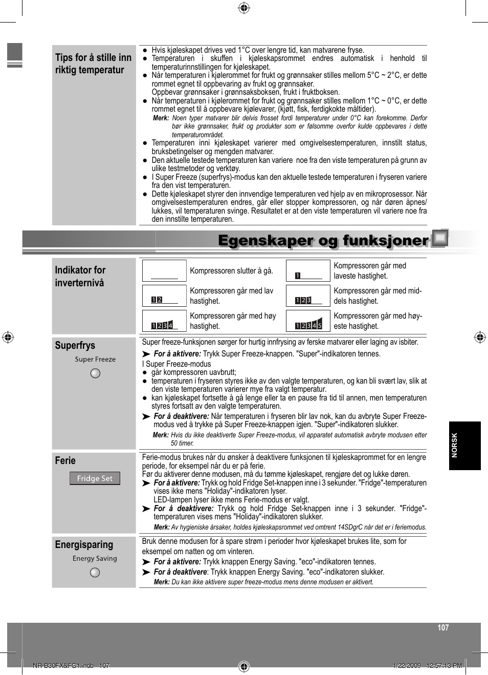 Egenskaper og funksjoner, Indikator for inverternivå, Superfrys | Ferie, Energisparing, Tips for å stille inn riktig temperatur | Panasonic NRB30FG1 User Manual | Page 107 / 156