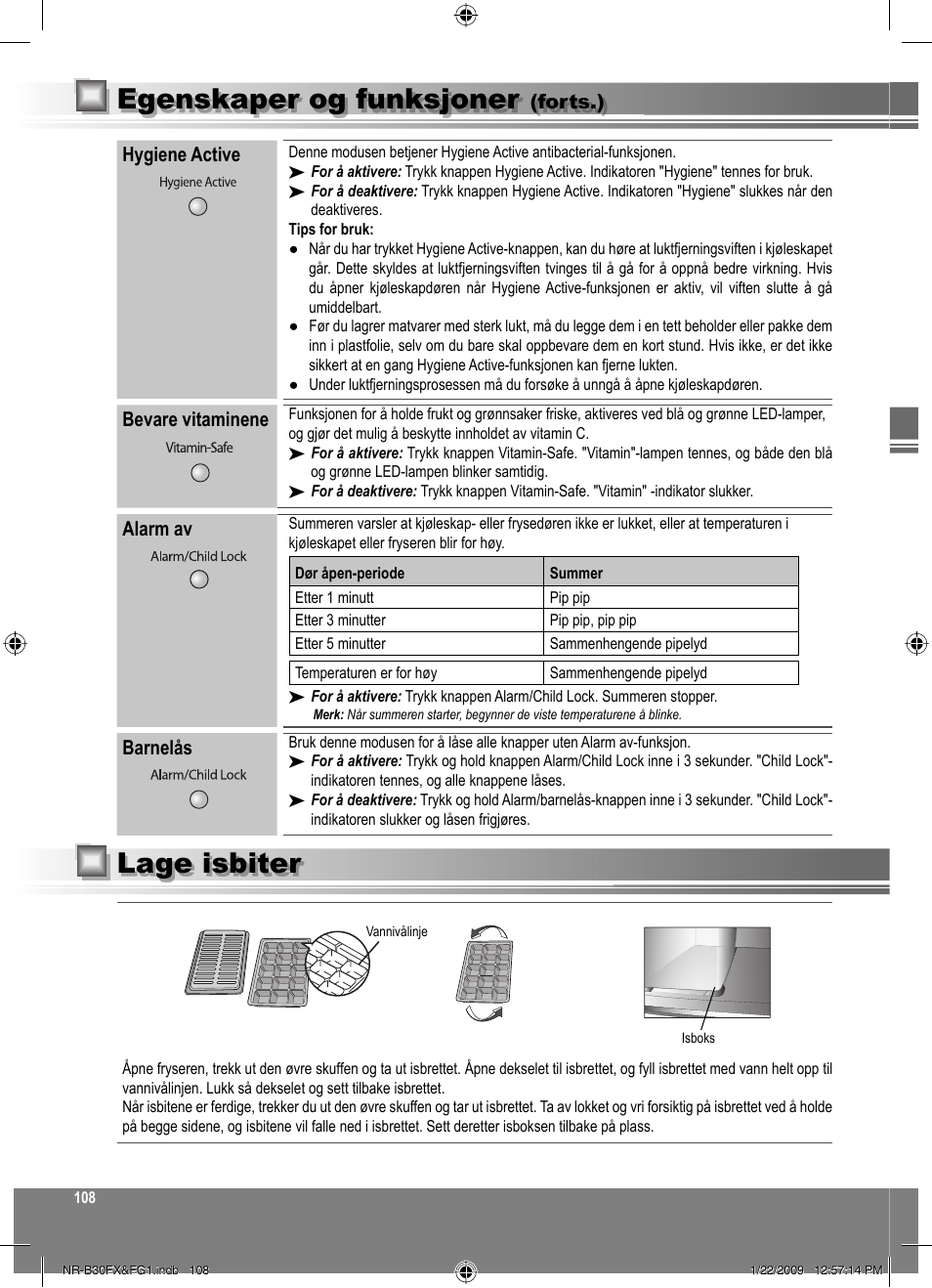 Lage isbiter, Egenskaper og funksjoner | Panasonic NRB30FG1 User Manual | Page 108 / 156