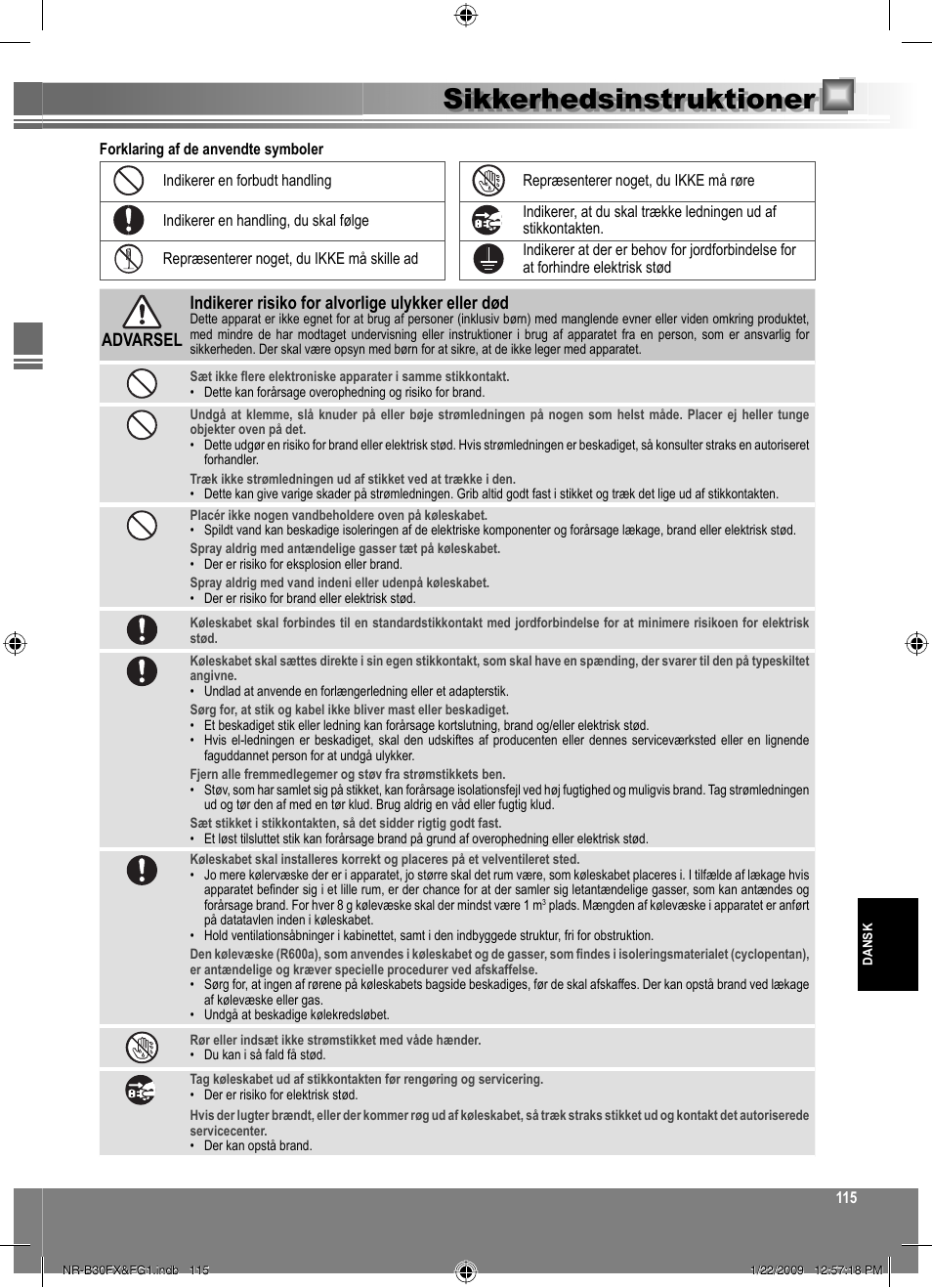 Sikkerhedsinstruktioner | Panasonic NRB30FG1 User Manual | Page 115 / 156