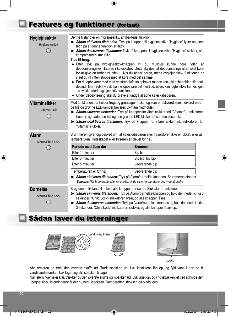 Sådan laver du isterninger, Features og funktioner | Panasonic NRB30FG1 User Manual | Page 122 / 156