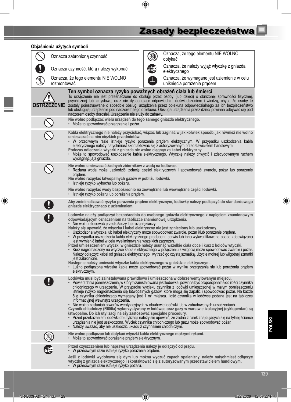 Zasady bezpieczeństwa | Panasonic NRB30FG1 User Manual | Page 129 / 156