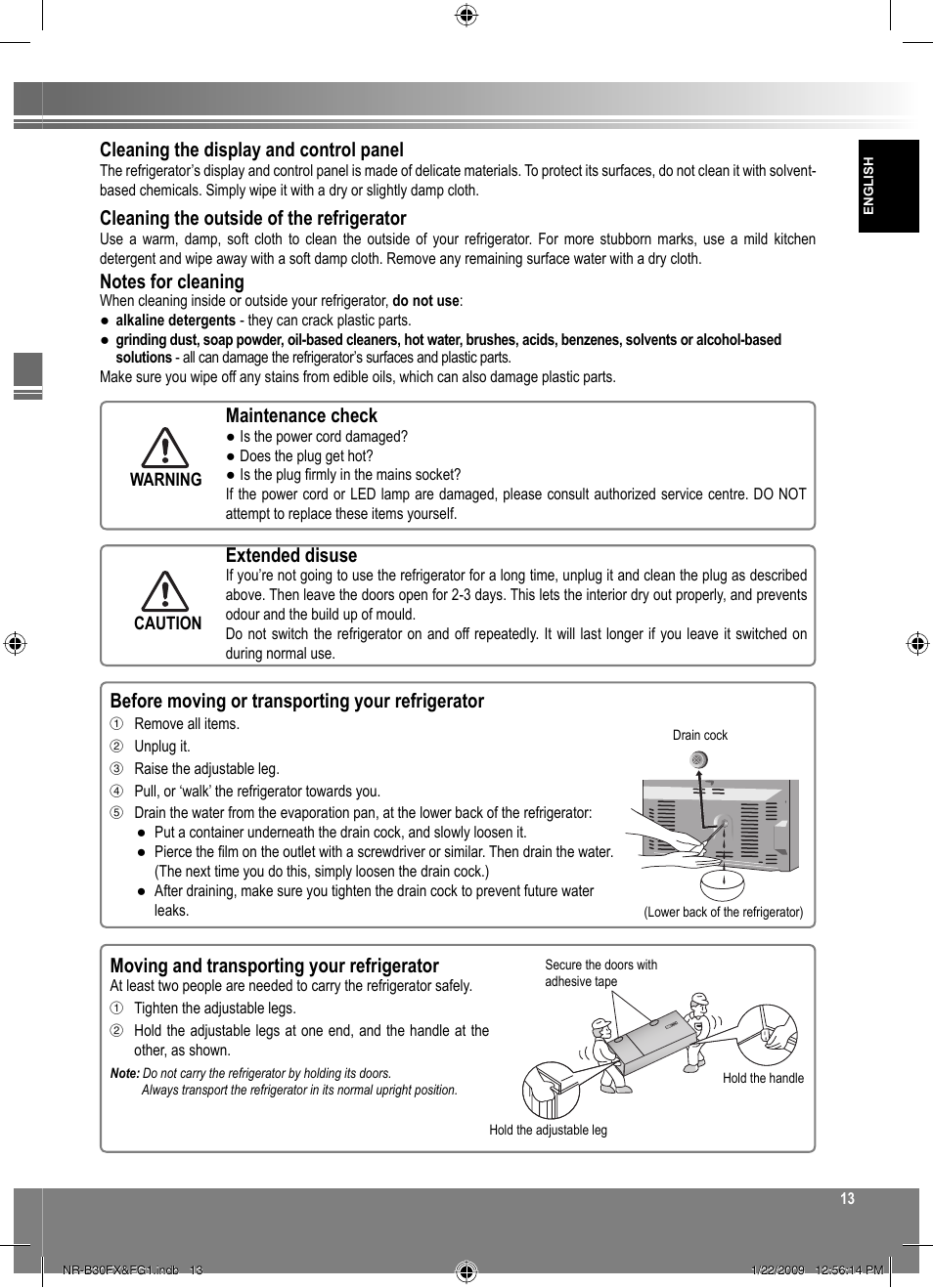 Maintenance check, Extended disuse, Before moving or transporting your refrigerator | Moving and transporting your refrigerator, Cleaning the display and control panel, Cleaning the outside of the refrigerator | Panasonic NRB30FG1 User Manual | Page 13 / 156