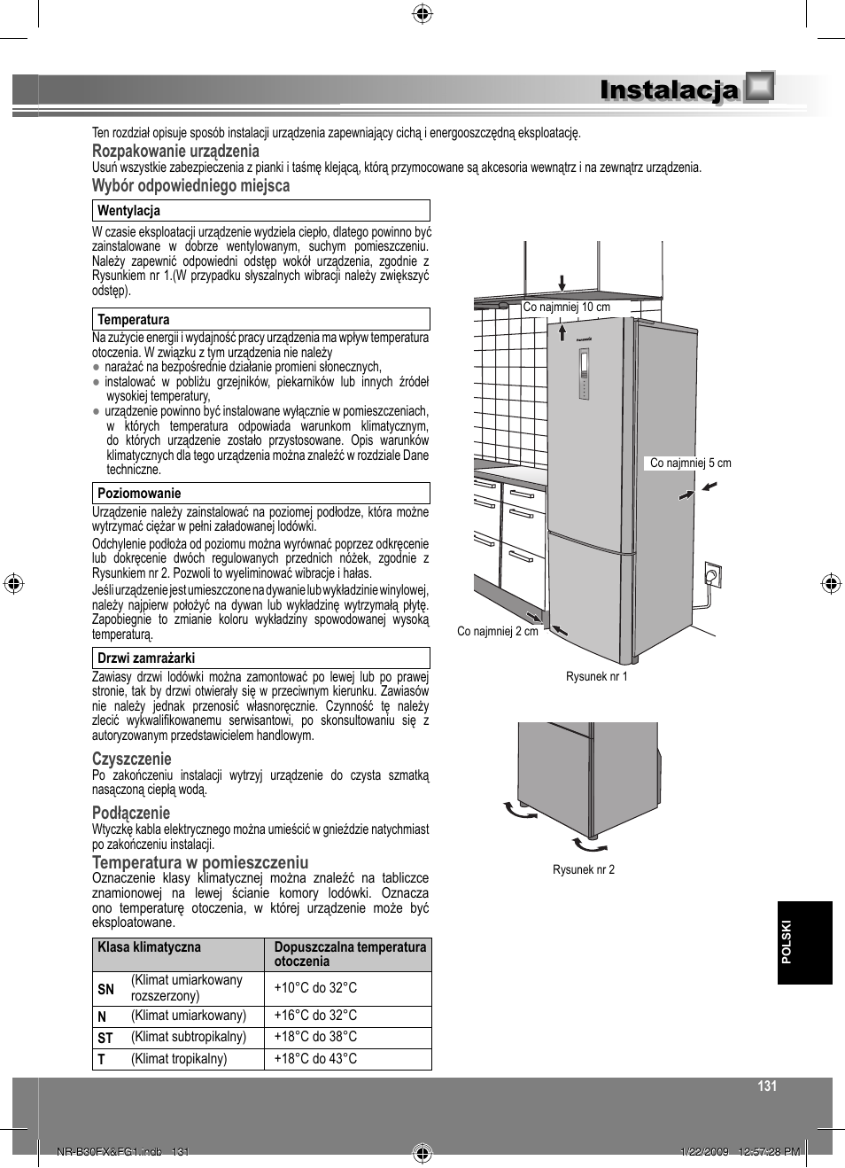 Instalacja, Rozpakowanie urządzenia, Wybór odpowiedniego miejsca | Czyszczenie, Podłączenie, Temperatura w pomieszczeniu | Panasonic NRB30FG1 User Manual | Page 131 / 156