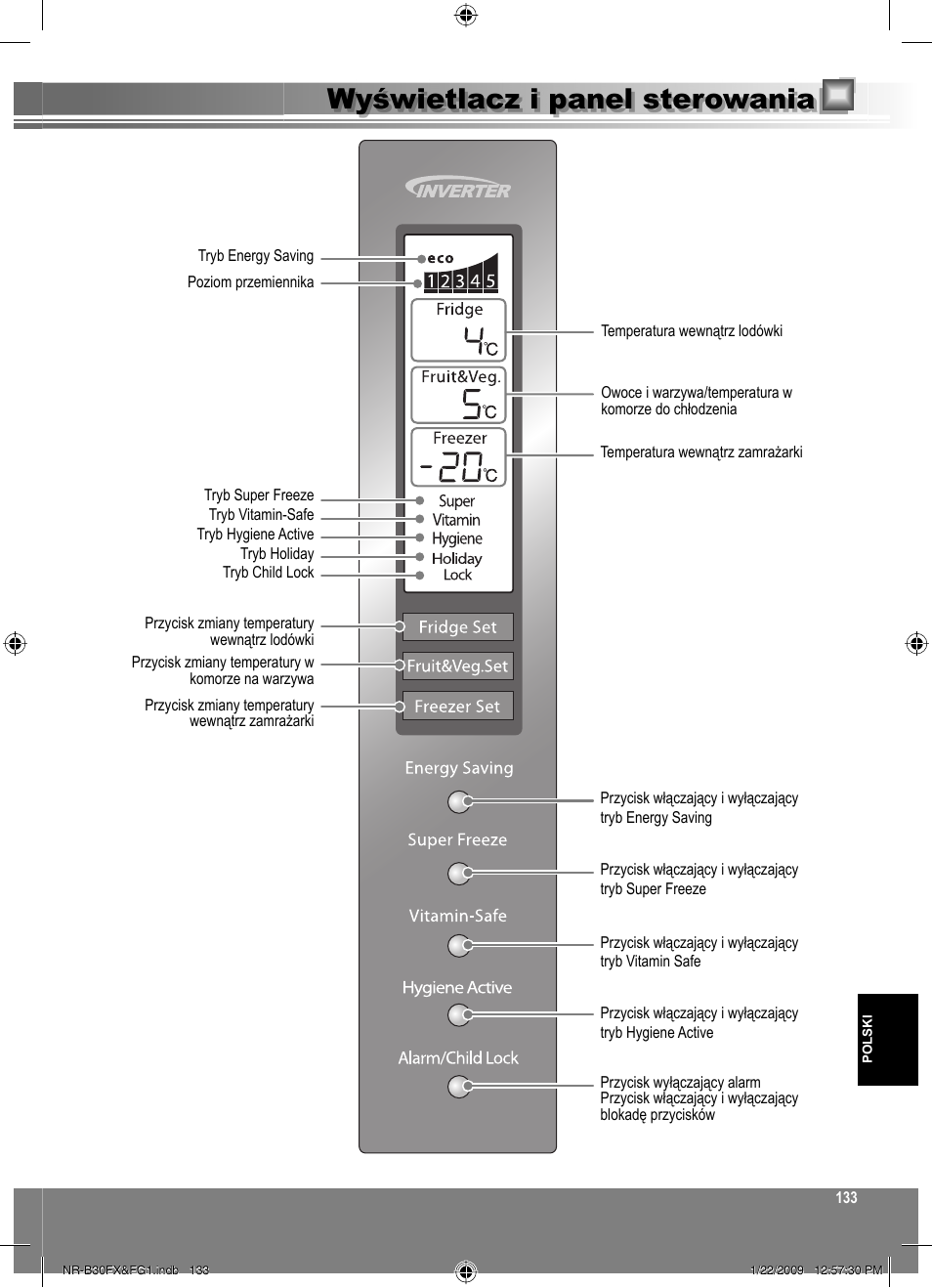 Wyświetlacz i panel sterowania | Panasonic NRB30FG1 User Manual | Page 133 / 156