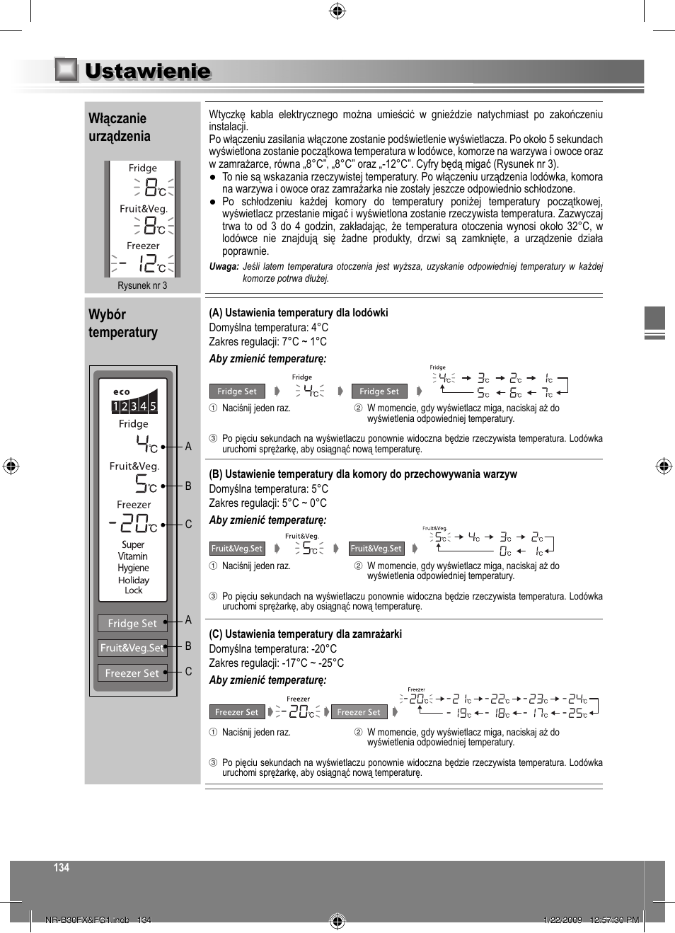 Ustawienie, Włączanie urządzenia, Wybór temperatury | Panasonic NRB30FG1 User Manual | Page 134 / 156