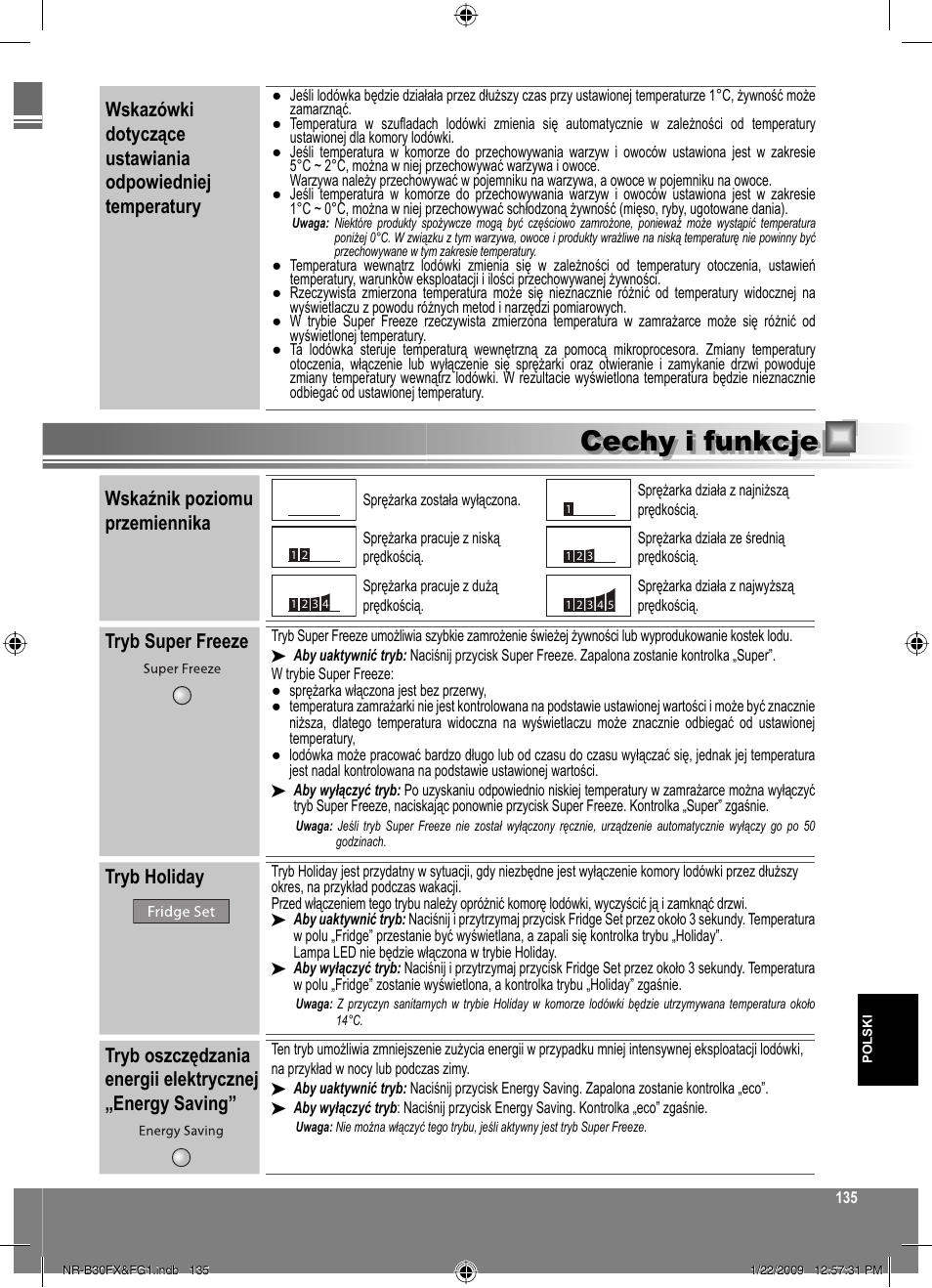 Cechy i funkcje, Wskaźnik poziomu przemiennika, Tryb super freeze | Tryb holiday | Panasonic NRB30FG1 User Manual | Page 135 / 156