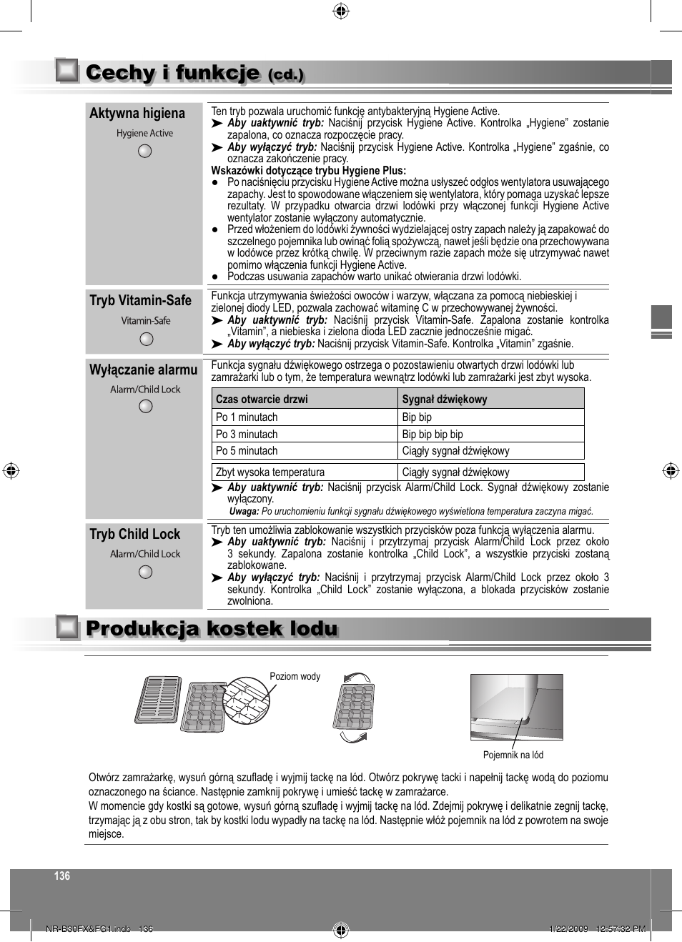 Produkcja kostek lodu, Cechy i funkcje, Aktywna higiena | Tryb vitamin-safe, Wyłączanie alarmu, Tryb child lock, Cd.) | Panasonic NRB30FG1 User Manual | Page 136 / 156