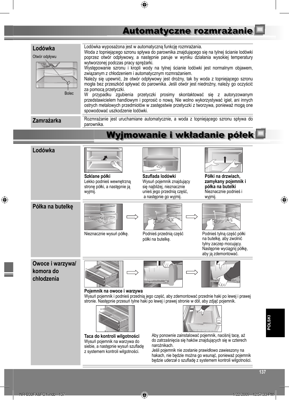 Lodówka, Zamrażarka, Półka na butelkę | Owoce i warzywa/ komora do chłodzenia | Panasonic NRB30FG1 User Manual | Page 137 / 156