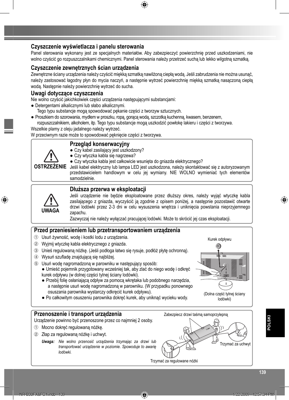 Przegląd konserwacyjny, Dłuższa przerwa w eksploatacji, Przenoszenie i transport urządzenia | Czyszczenie wyświetlacza i panelu sterowania, Czyszczenie zewnętrznych ścian urządzenia, Uwagi dotyczące czyszczenia | Panasonic NRB30FG1 User Manual | Page 139 / 156