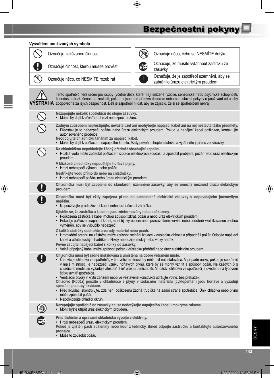 Bezpečnostní pokyny, Výstraha | Panasonic NRB30FG1 User Manual | Page 143 / 156