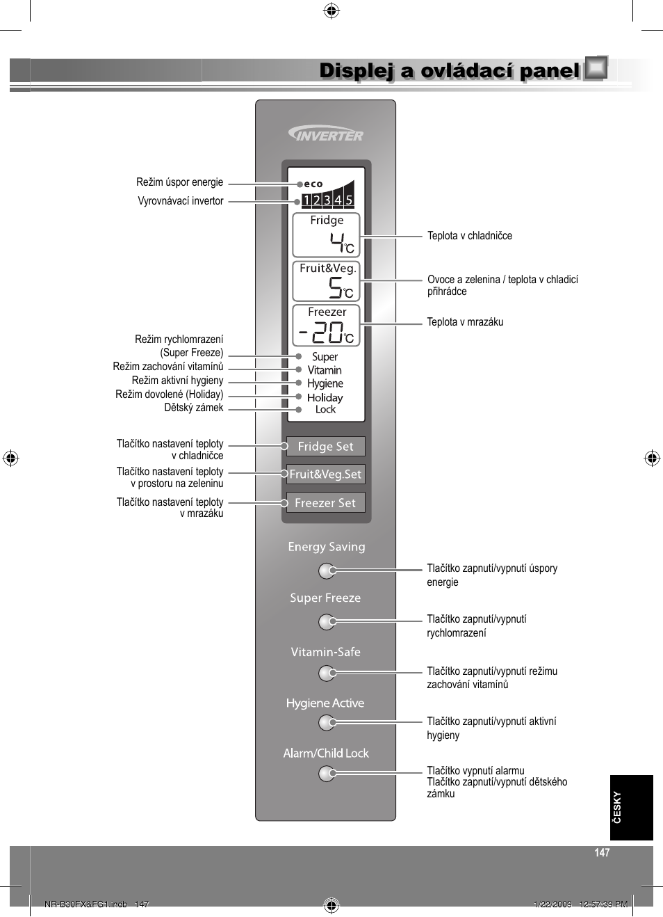 Displej a ovládací panel | Panasonic NRB30FG1 User Manual | Page 147 / 156