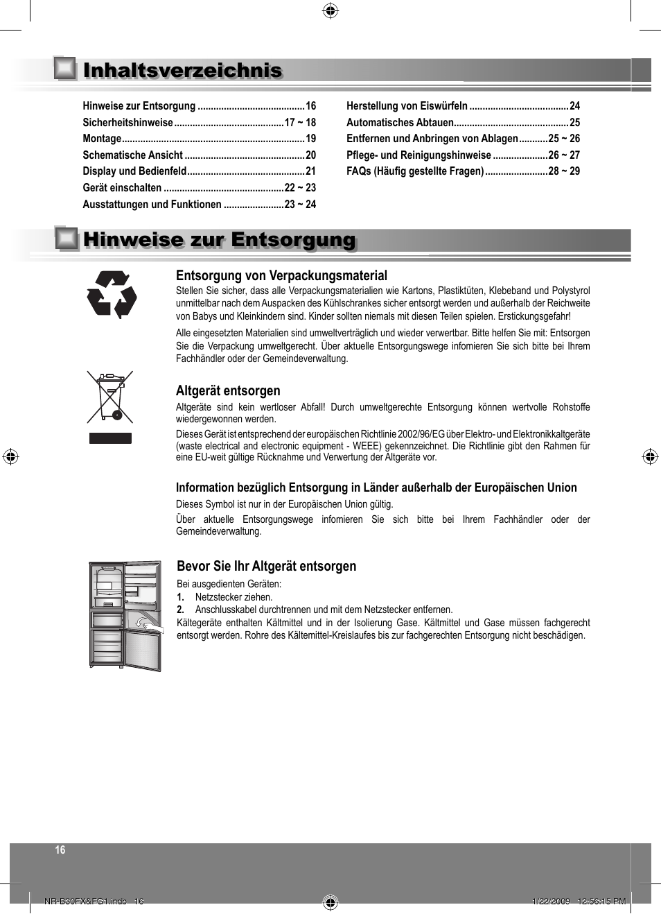 Inhaltsverzeichnis hinweise zur entsorgung, Entsorgung von verpackungsmaterial, Altgerät entsorgen | Bevor sie ihr altgerät entsorgen | Panasonic NRB30FG1 User Manual | Page 16 / 156