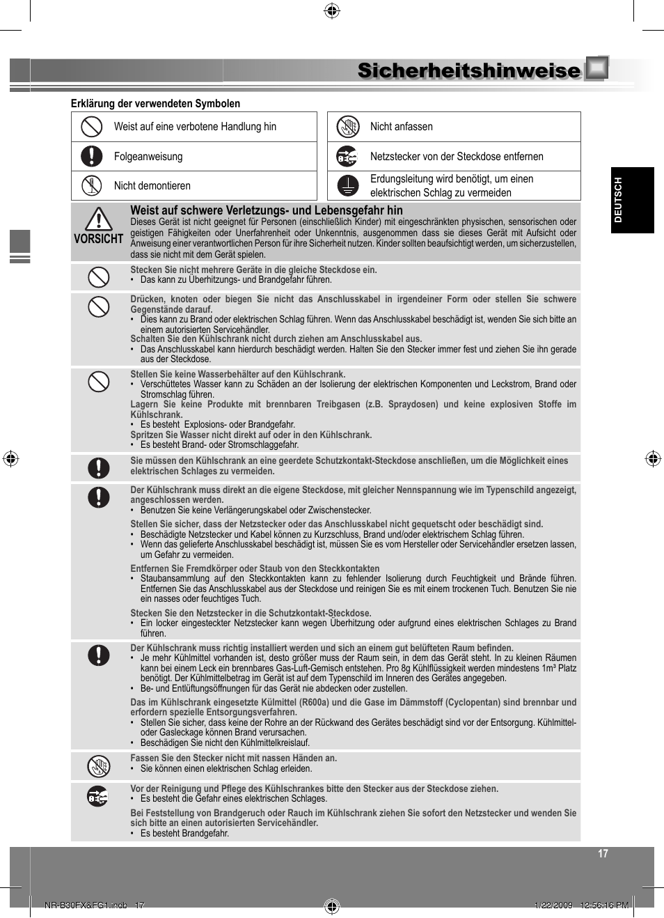 Sicherheitshinweise | Panasonic NRB30FG1 User Manual | Page 17 / 156