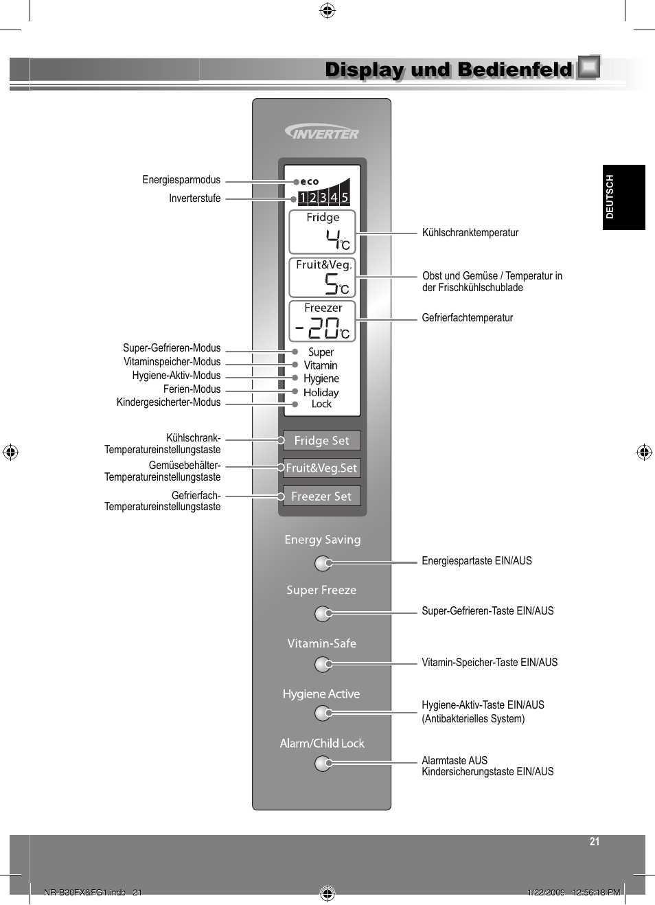Display und bedienfeld | Panasonic NRB30FG1 User Manual | Page 21 / 156