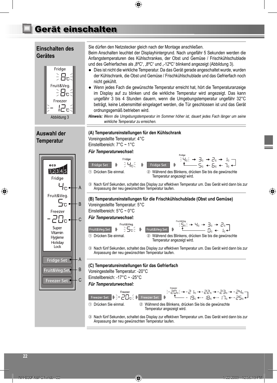 Gerät einschalten, Einschalten des gerätes, Auswahl der temperatur | Panasonic NRB30FG1 User Manual | Page 22 / 156