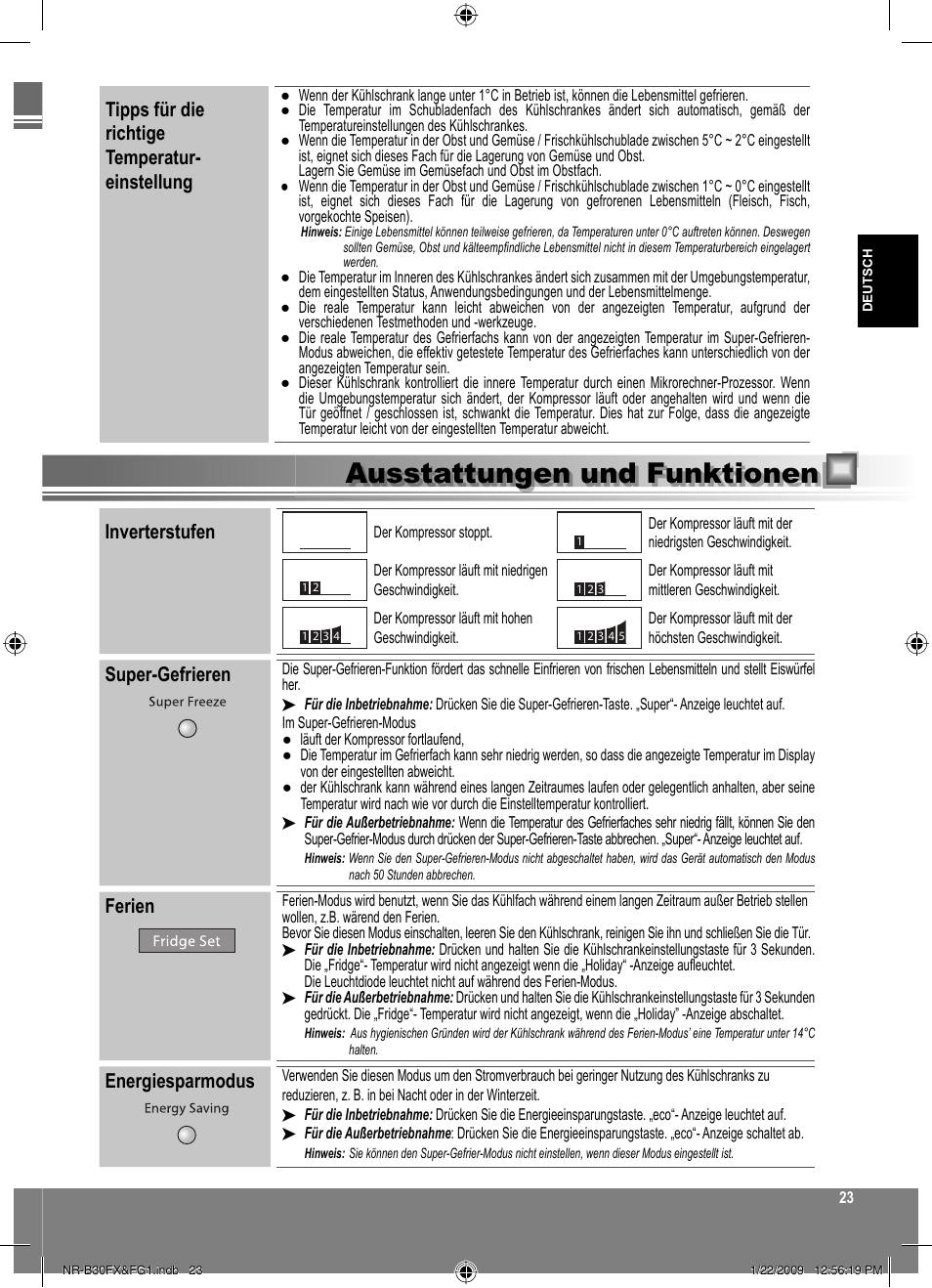 Ausstattungen und funktionen, Inverterstufen, Super-gefrieren | Ferien, Energiesparmodus, Tipps für die richtige temperatur- einstellung | Panasonic NRB30FG1 User Manual | Page 23 / 156