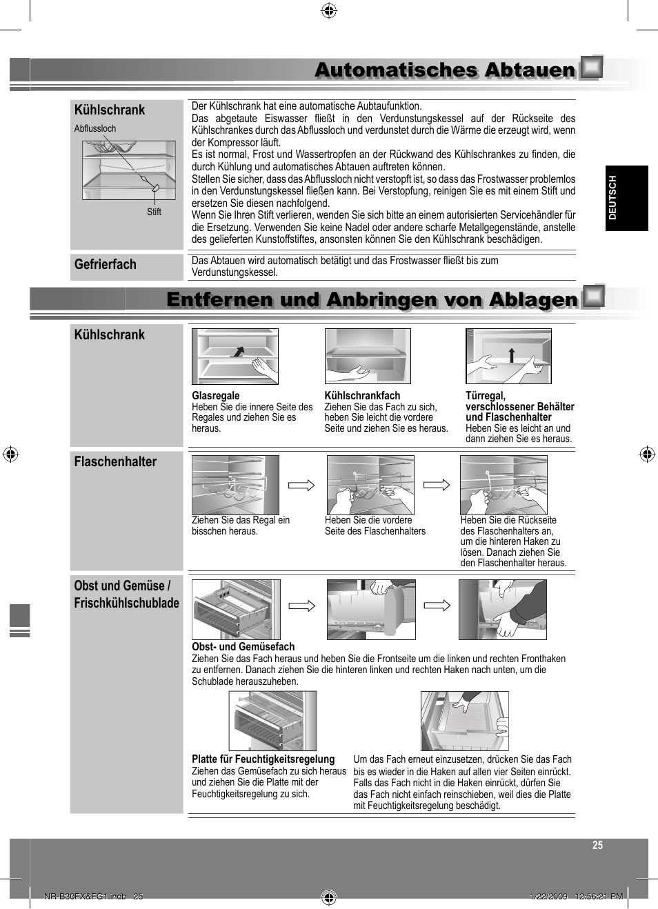 Kühlschrank, Gefrierfach, Flaschenhalter | Obst und gemüse / frischkühlschublade | Panasonic NRB30FG1 User Manual | Page 25 / 156