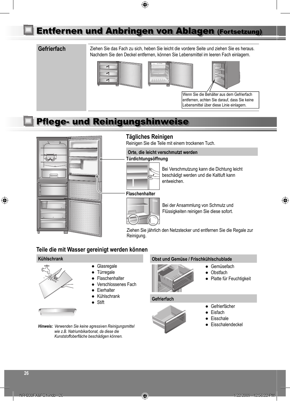 Pflege- und reinigungshinweise, Entfernen und anbringen von ablagen, Tägliches reinigen | Teile die mit wasser gereinigt werden können, Gefrierfach, Fortsetzung) | Panasonic NRB30FG1 User Manual | Page 26 / 156