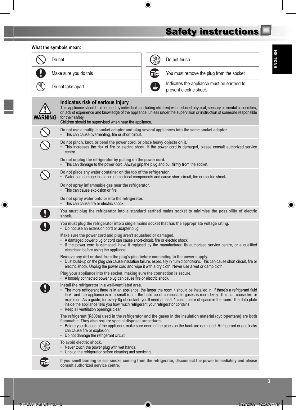 Safety instructions, Warning indicates risk of serious injury | Panasonic NRB30FG1 User Manual | Page 3 / 156