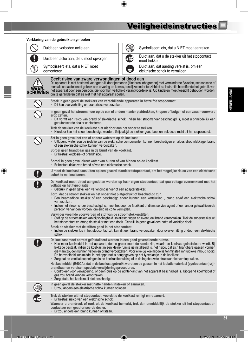 Veiligheidsinstructies | Panasonic NRB30FG1 User Manual | Page 31 / 156